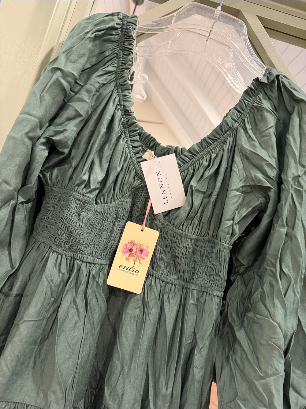 entro Sage Green Ruched Waist V-Neck Tiered Dress - Picture 2 of 2